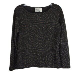 Vintage Chicos Design Top Sparkle Boatneck Women Size 1 M 8 Black Gold Long Slv